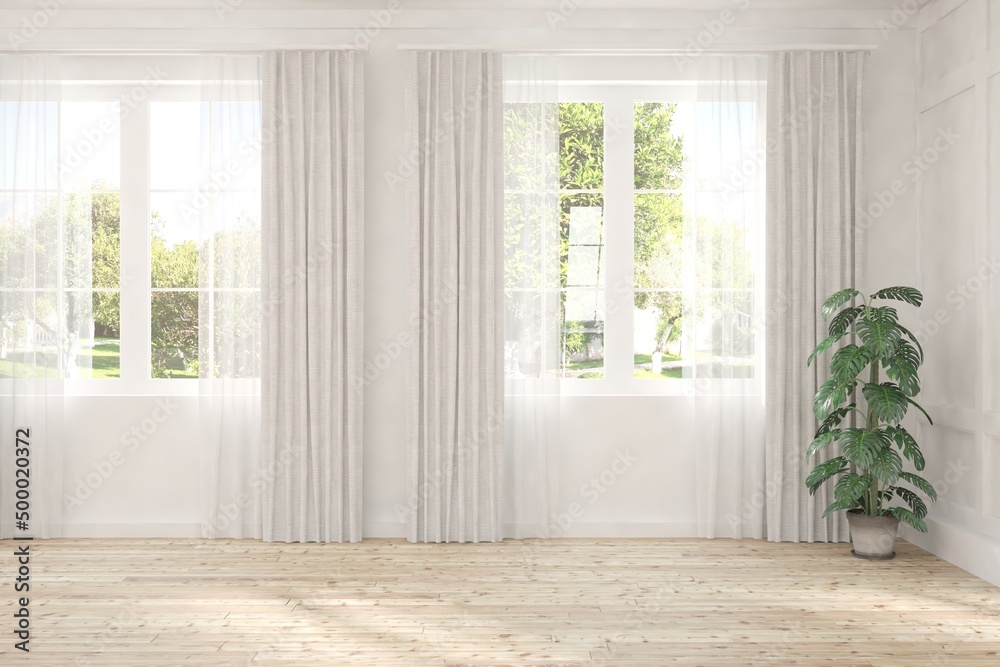 White empty room with summer landscape in window. Scandinavian interior design. 3D illustration