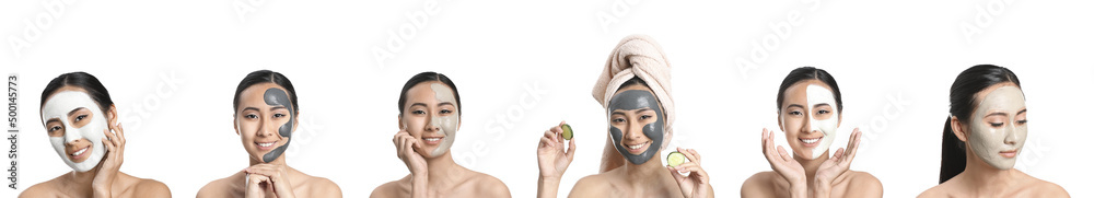 Set of young Asian woman taking care of her skin on white background