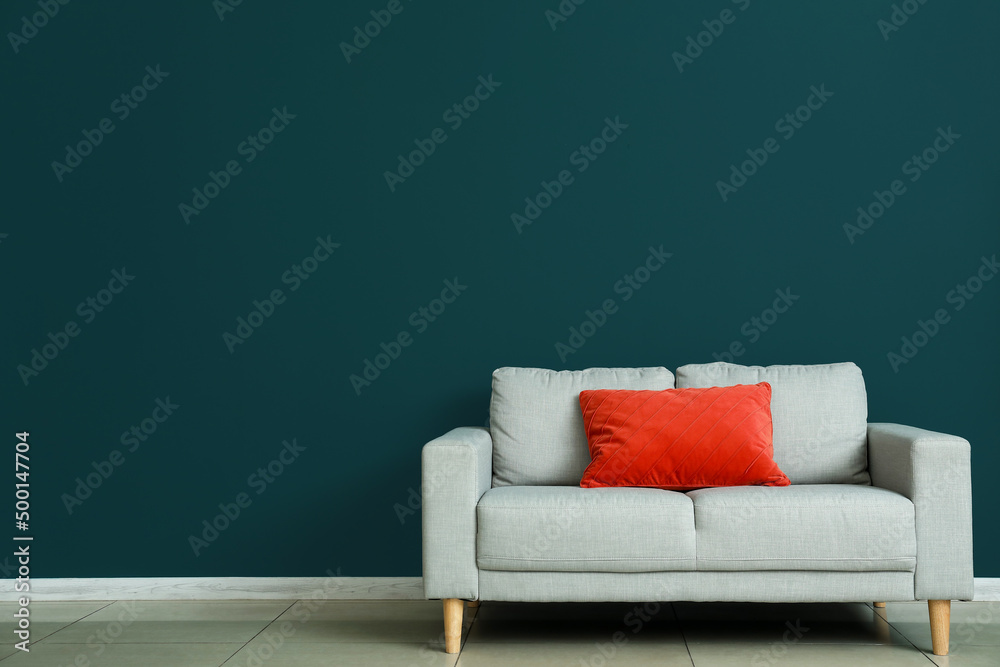 Modern sofa with pillow near color wall in room