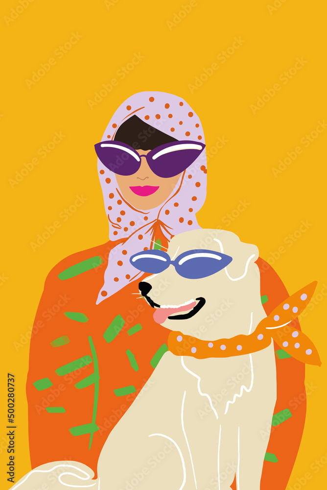 Drawing of a stylish woman in retro style with her dog in sunglasses on background. Vector illustrat