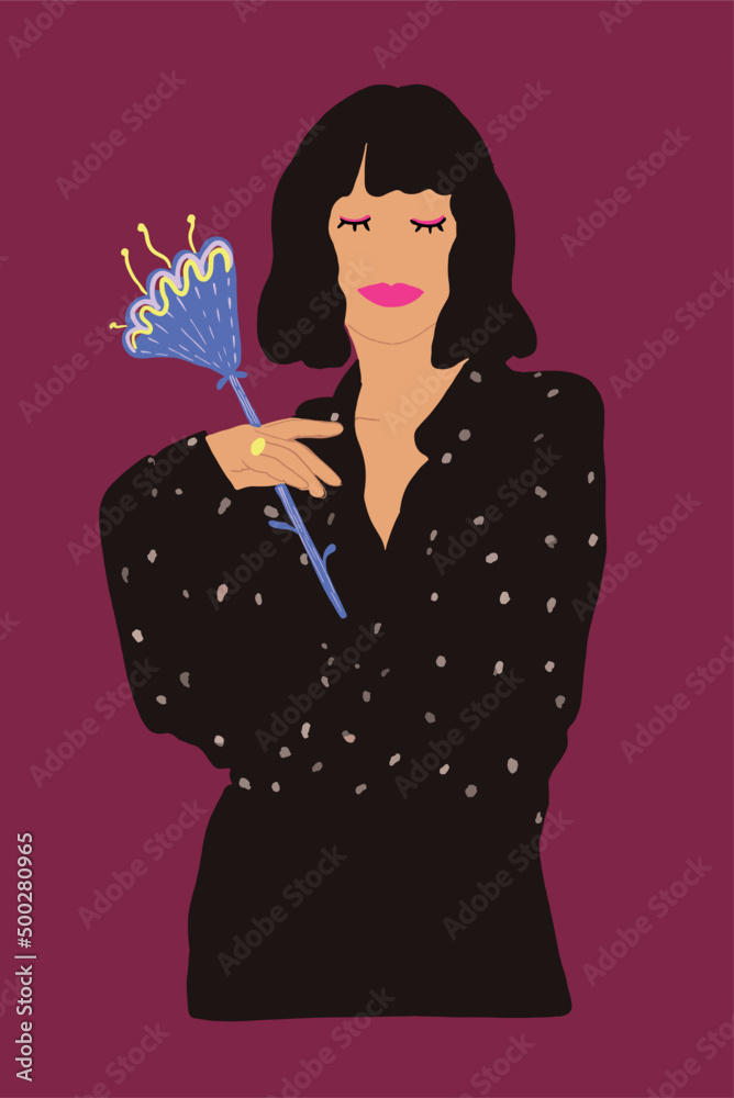 Portrait of a young stylish woman on background. Vector illustration in bright colors