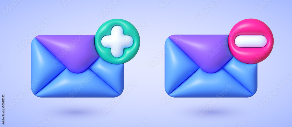 Mail 3d for paper design. Mail Plus and Minus. Render new email notification. Vector illustration de