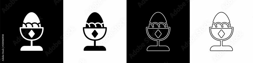 Set Chicken egg on a stand icon isolated on black and white background. Vector