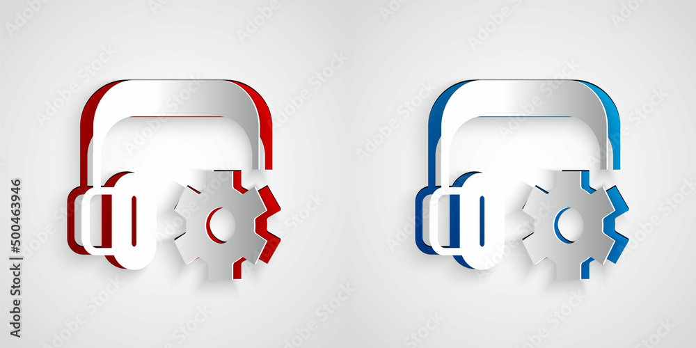 Paper cut Headphones with settings icon isolated on grey background. Support customer service, hotli