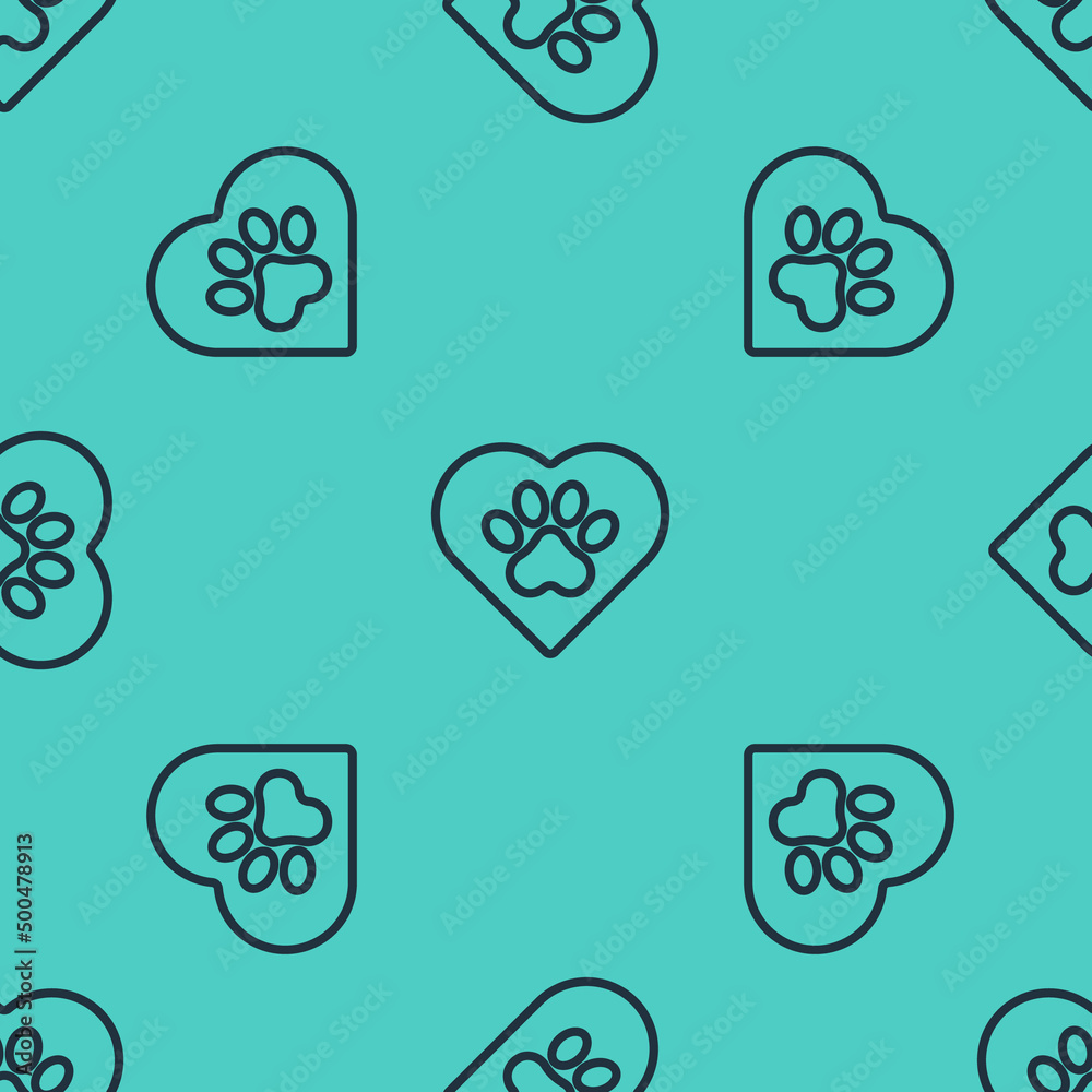 Black line Heart with animals footprint icon isolated seamless pattern on green background. Pet paw 