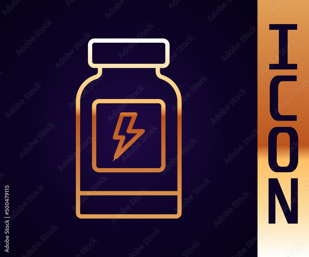 Gold line Energy drink icon isolated on black background. Vector