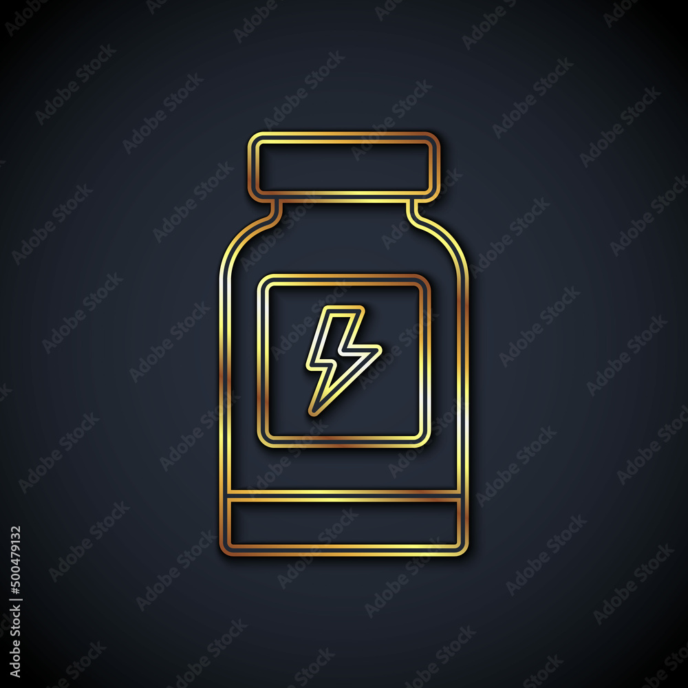 Gold line Energy drink icon isolated on black background. Vector