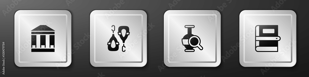 Set Museum building, Earrings, Ancient amphorae and Book icon. Silver square button. Vector