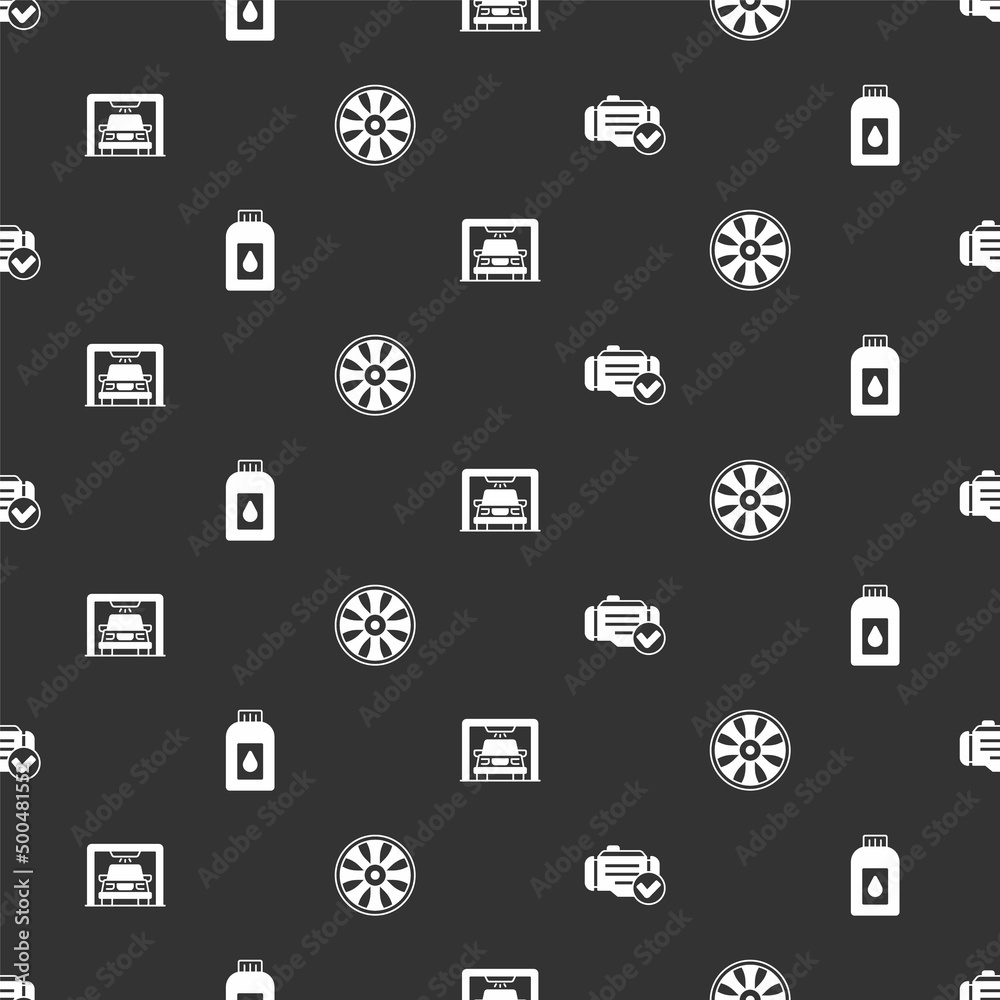 Set Check engine, Canister for motor machine oil, Car wash and Alloy wheel car on seamless pattern. 