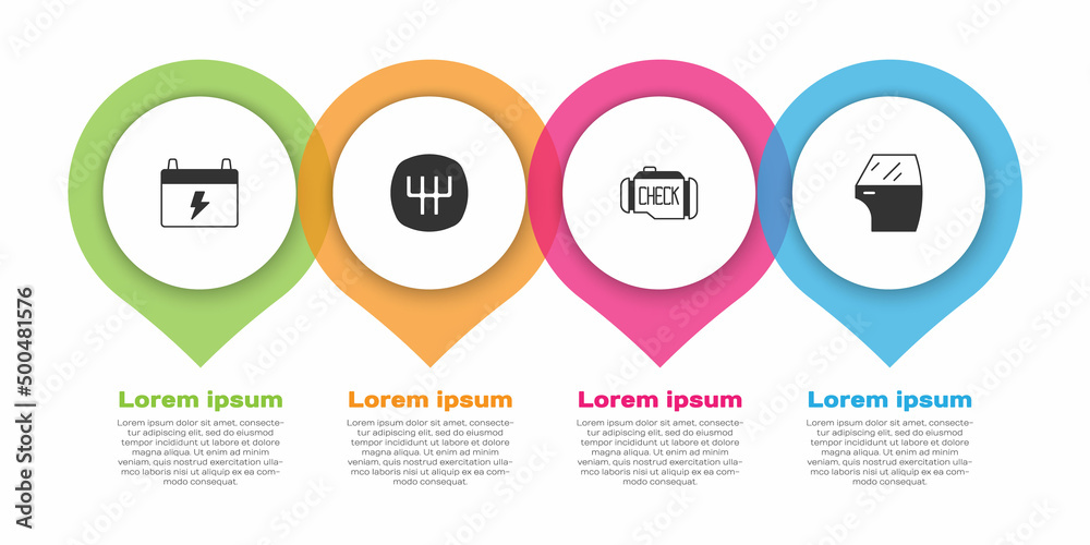 设置汽车电池、换档器、检查发动机和车门。商业信息图模板。矢量