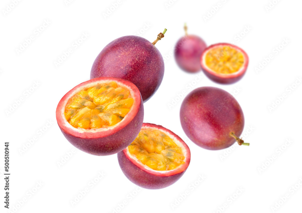 Purple passion fruit (Passiflora edulis) levitate isolated on white background..