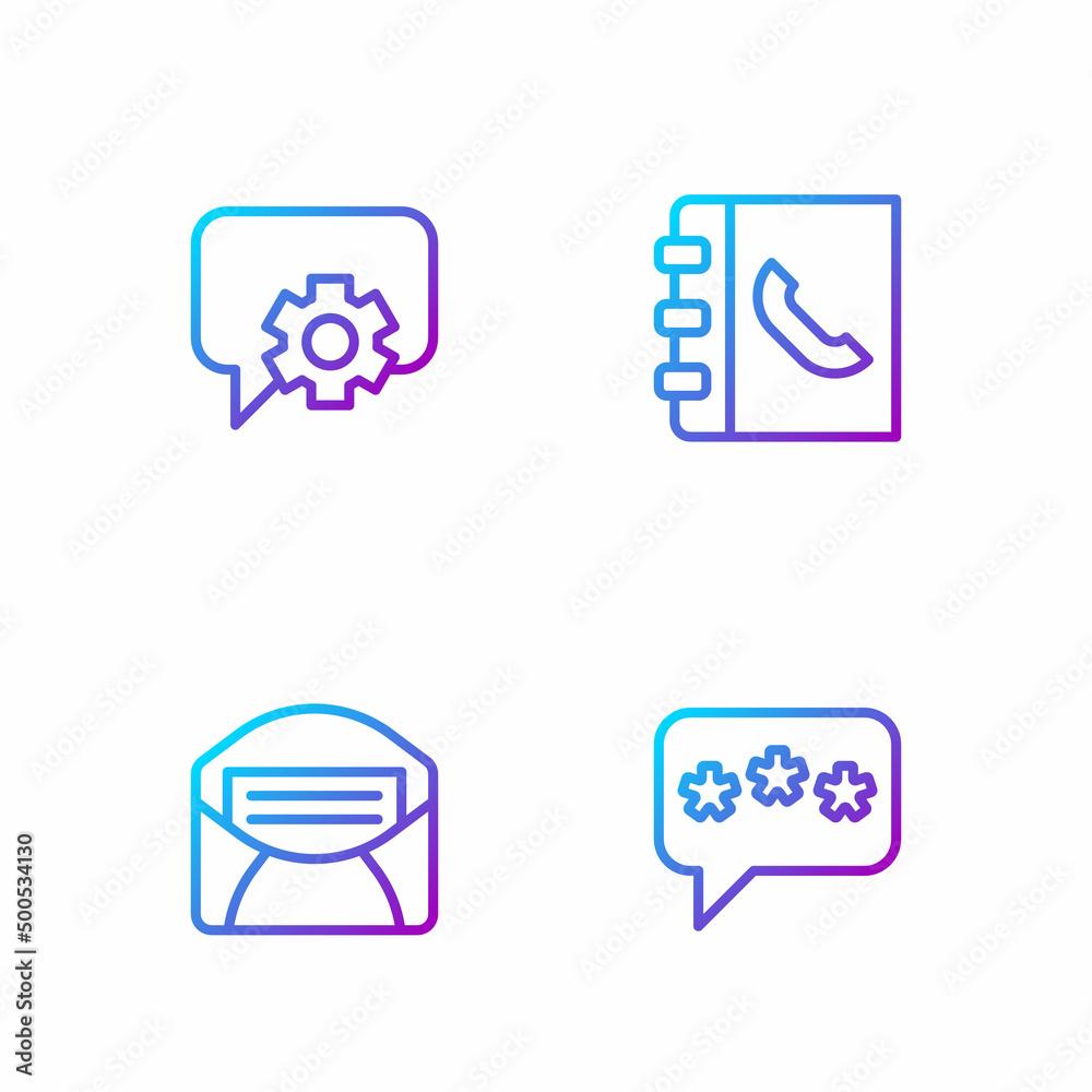 Set line Speech bubble chat, Mail and e-mail, Telephone 24 hours support and Phone book. Gradient co