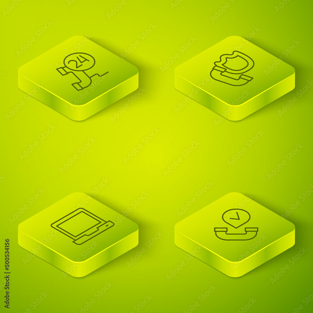 Set Isometric line Telephone handset with shield, Laptop, and 24 hours support icon. Vector