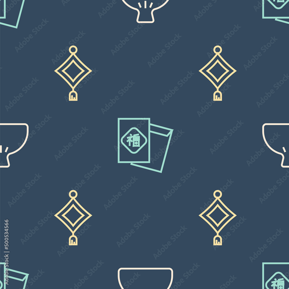 Set line Dumpling, Chinese paper lantern and New Year on seamless pattern. Vector