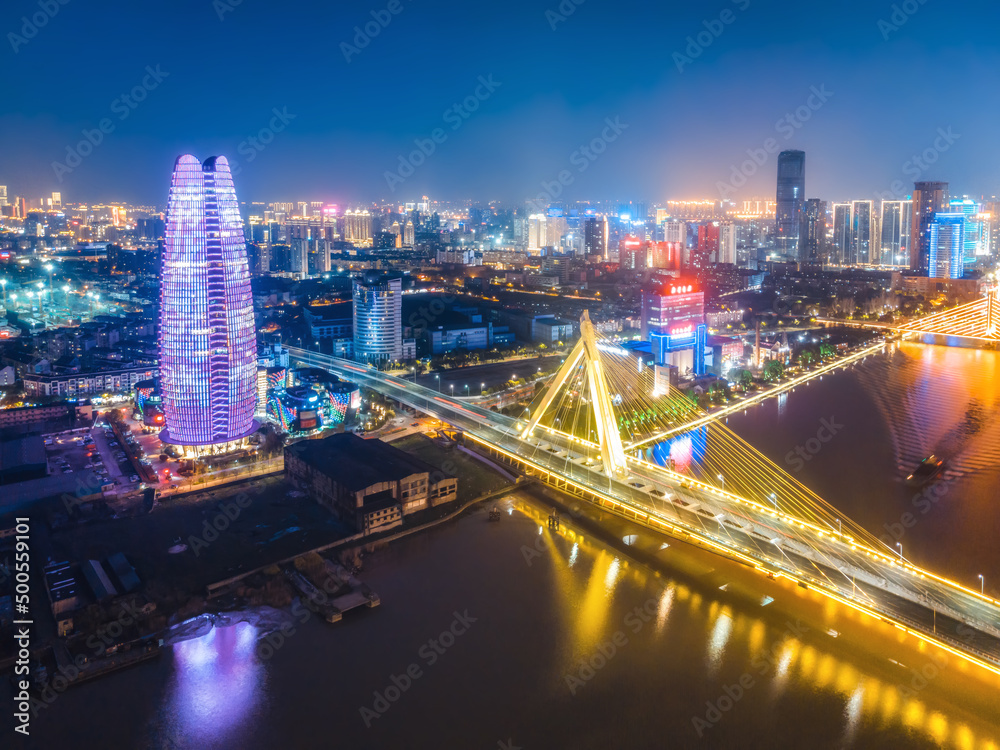 航拍宁波城市建筑景观天际线夜景大幅面