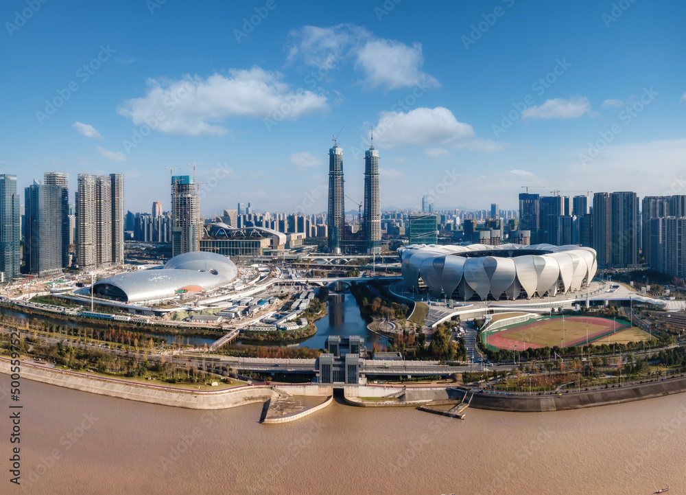 航拍杭州城市建筑景观天际线