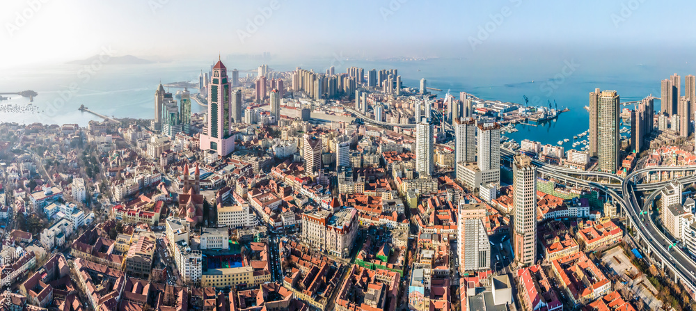 Aerial photography of Qingdao coastline bay area architectural landscape large format