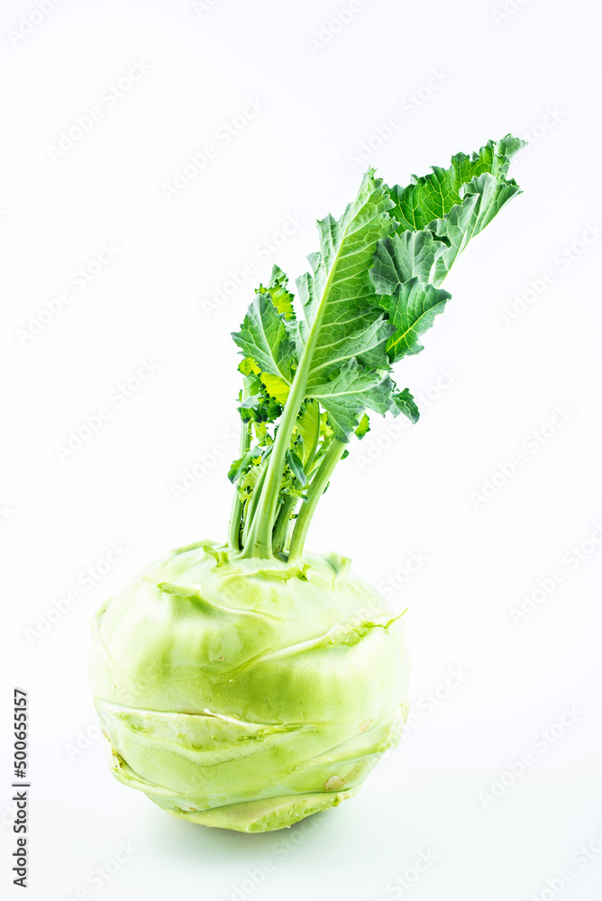 One fresh organic vegetable kohlrabi on a white background