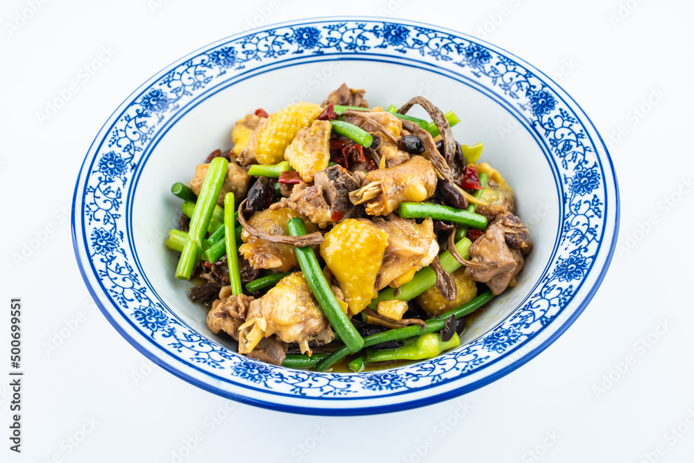 A dish of home-cooked tea tree mushroom braised chicken