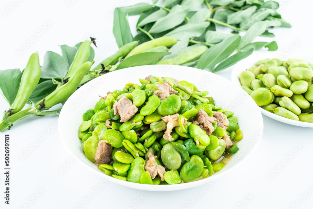 Spring Seasonal Dishes Fried Pork with Broad Beans