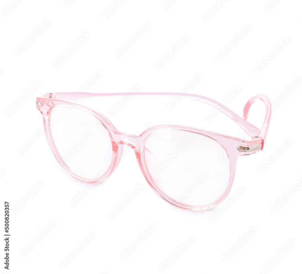 New modern eyeglasses on white background