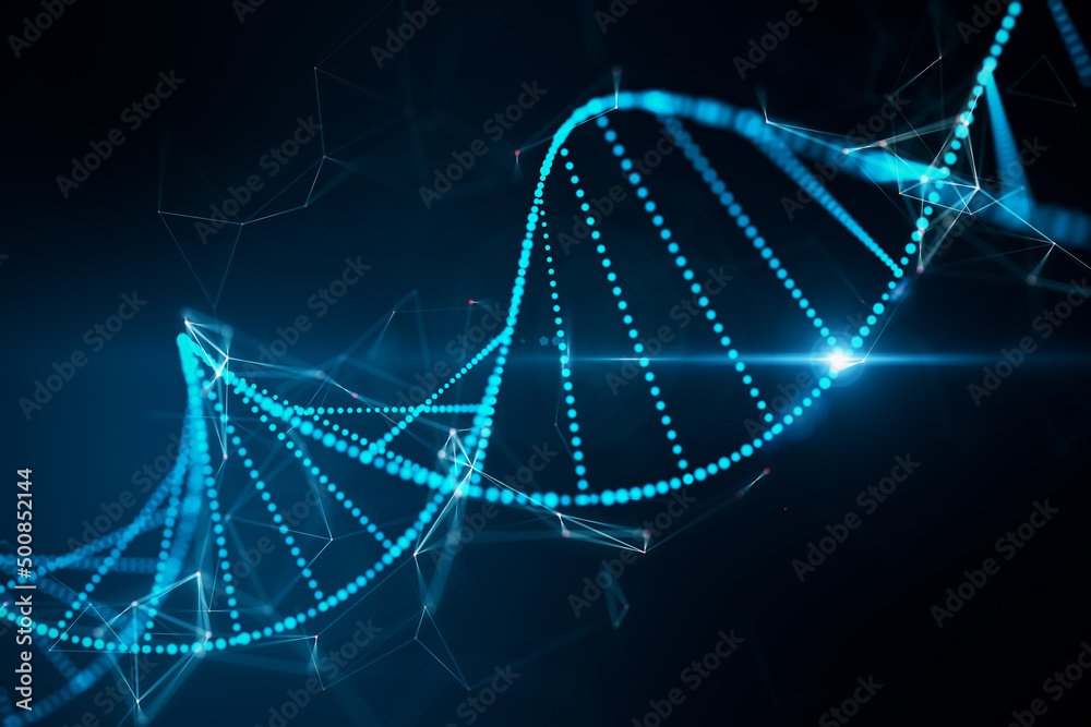 深蓝色背景下的抽象发光DNA全息图。科学、医学和生物技术概念。