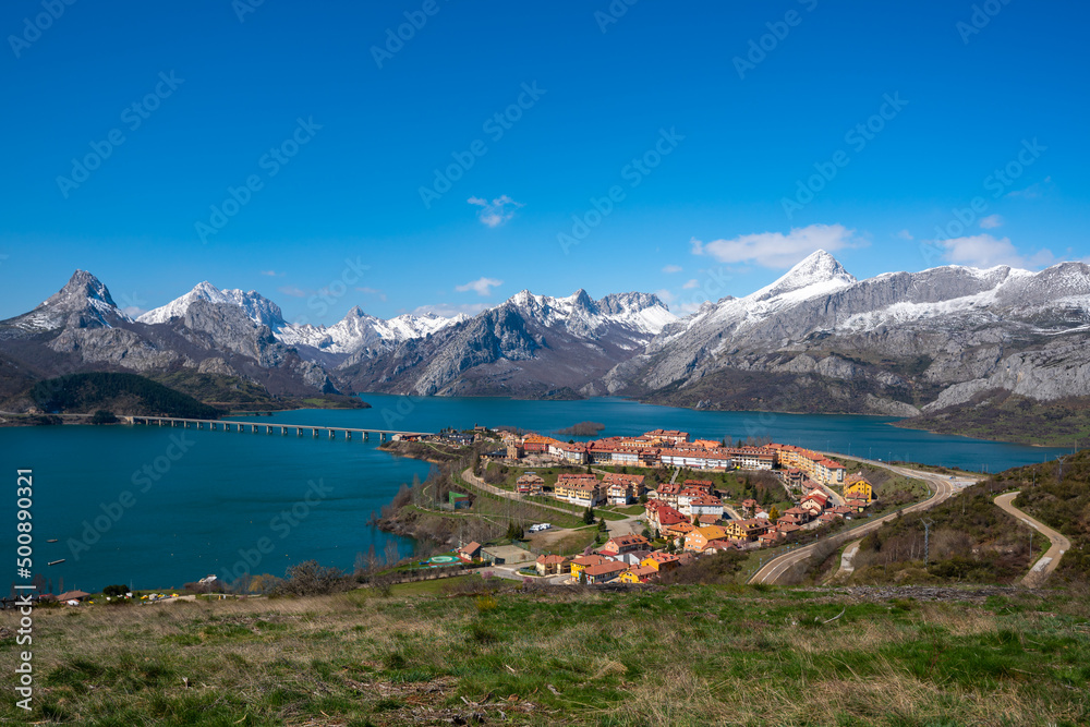 View of riaño, Spain and its mountains coverd with snow