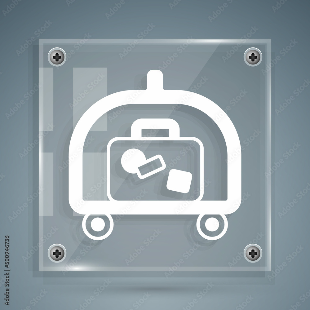 White Hotel luggage cart with suitcase icon isolated on grey background. Traveling baggage sign. Tra