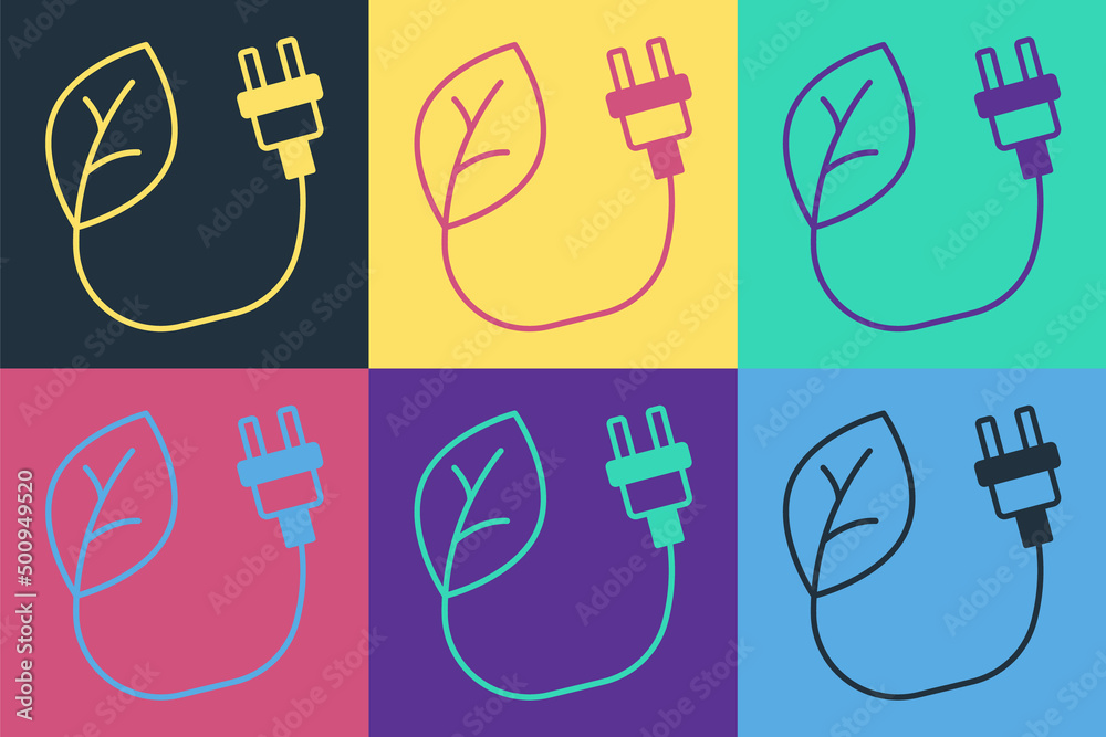 Pop art Electric saving plug in leaf icon isolated on color background. Save energy electricity. Env