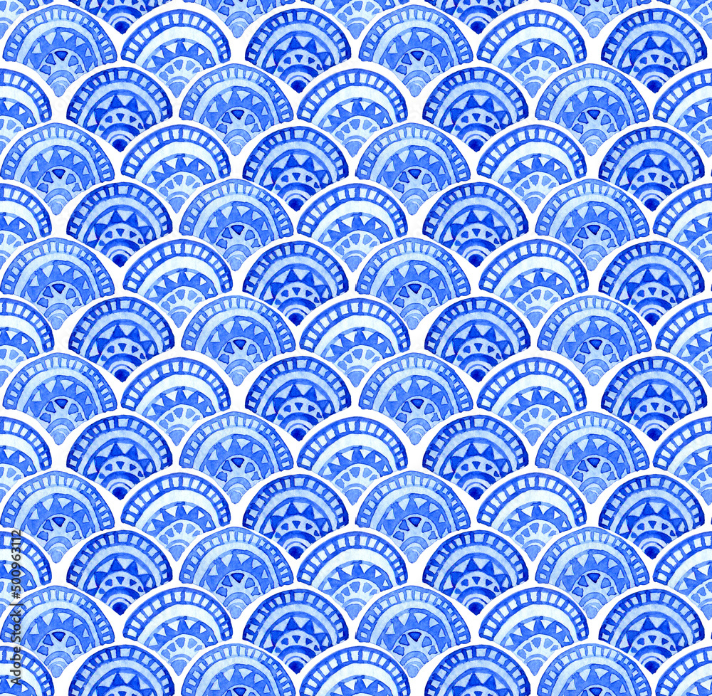 watercolor seamless pattern. blue oriental ornament, fish scales. Moroccan tiles. authentic hand dra