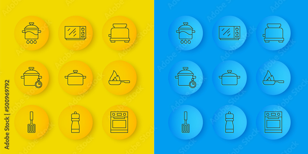 Set line Barbecue spatula, Cooking pot, Oven, Frying pan, Toaster and Microwave oven icon. Vector