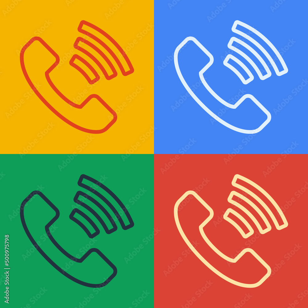 Pop art line Telephone 24 hours support icon isolated on color background. All-day customer support 