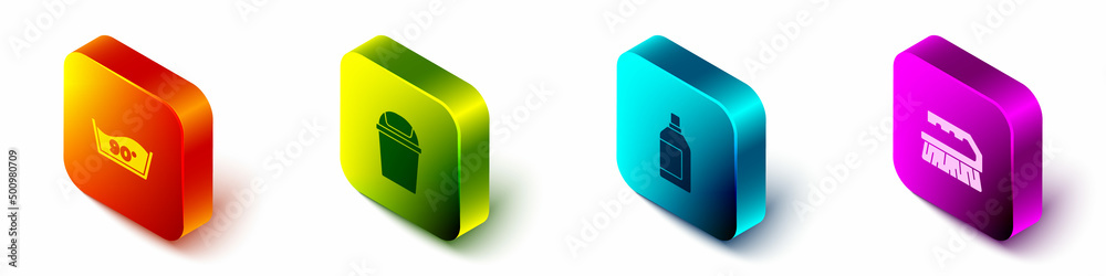 Set Isometric Temperature wash, Trash can, Bottle for cleaning agent and Brush icon. Vector