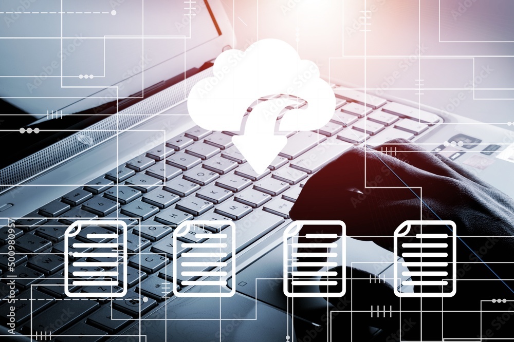 digital documents icons. Keyboard and data files sharing with cloud storage