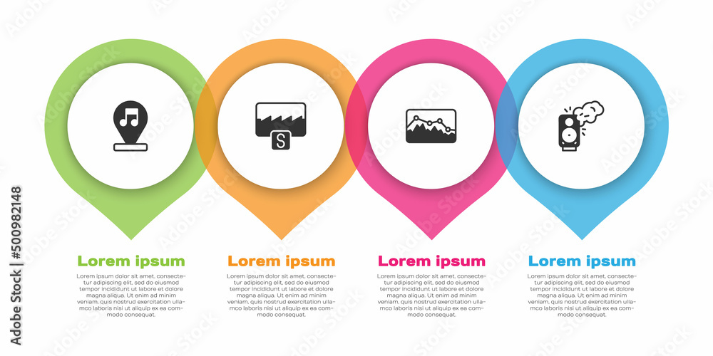 Set Music note, tone, wave equalizer, and Stereo speaker. Business infographic template. Vector