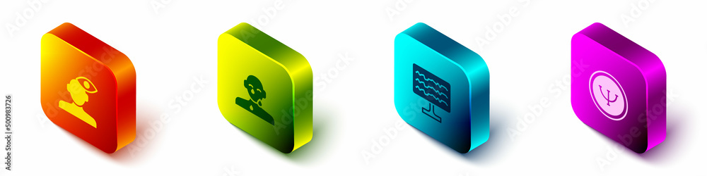Set Isometric Solution problem in psychology, Tear cry eye, Encephalogram and Psychology icon. Vecto