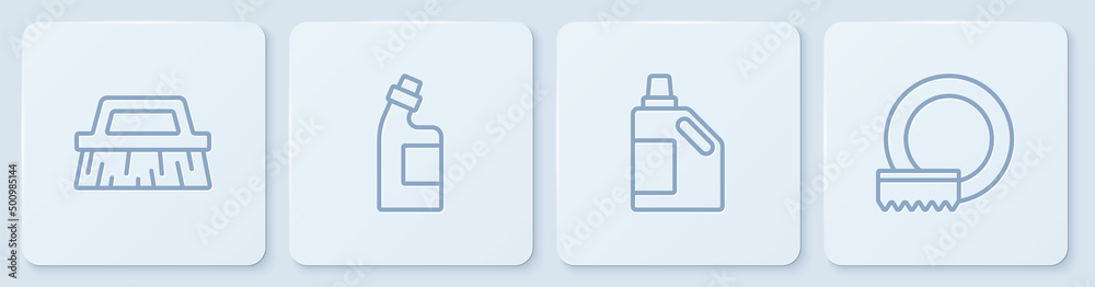 Set line Brush for cleaning, Bottle agent, and Washing dishes. White square button. Vector