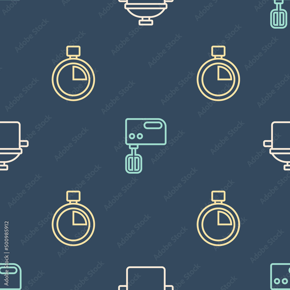 Set line Cooking pot, Stopwatch and Electric mixer on seamless pattern. Vector