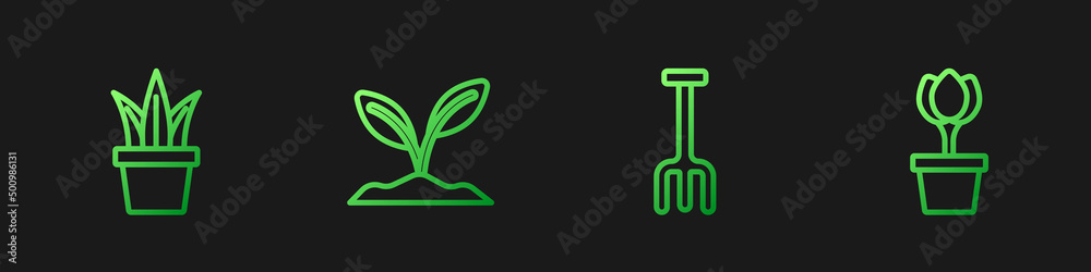 Set line Garden rake, Plant in pot, Sprout and Flower tulip. Gradient color icons. Vector