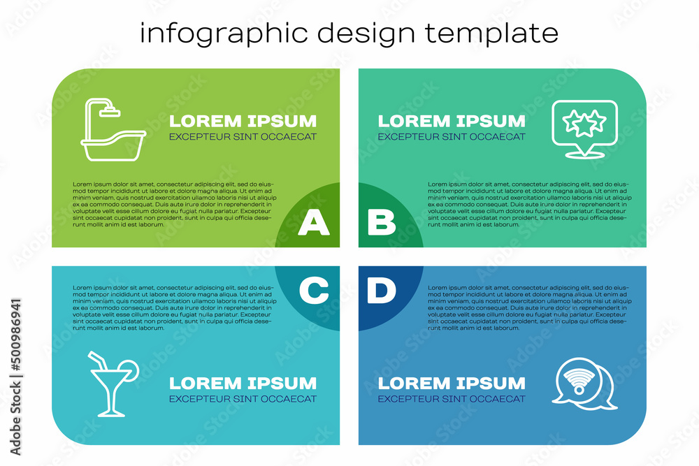 设置鸡尾酒、浴缸、Wi-Fi无线互联网和星级。商业信息图模板。
