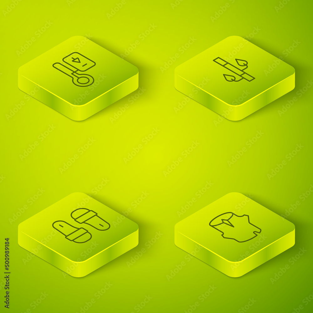 Set Isometric line Bamboo, Sauna slippers, Wooden log and thermometer icon. Vector