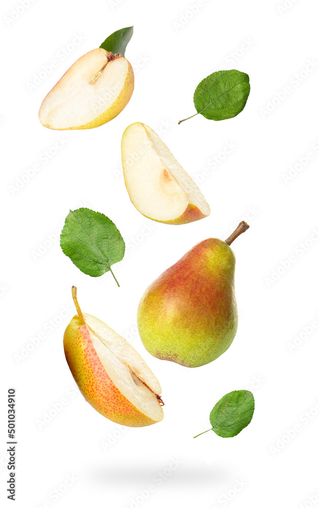 Falling ripe pears and leaves isolated on white