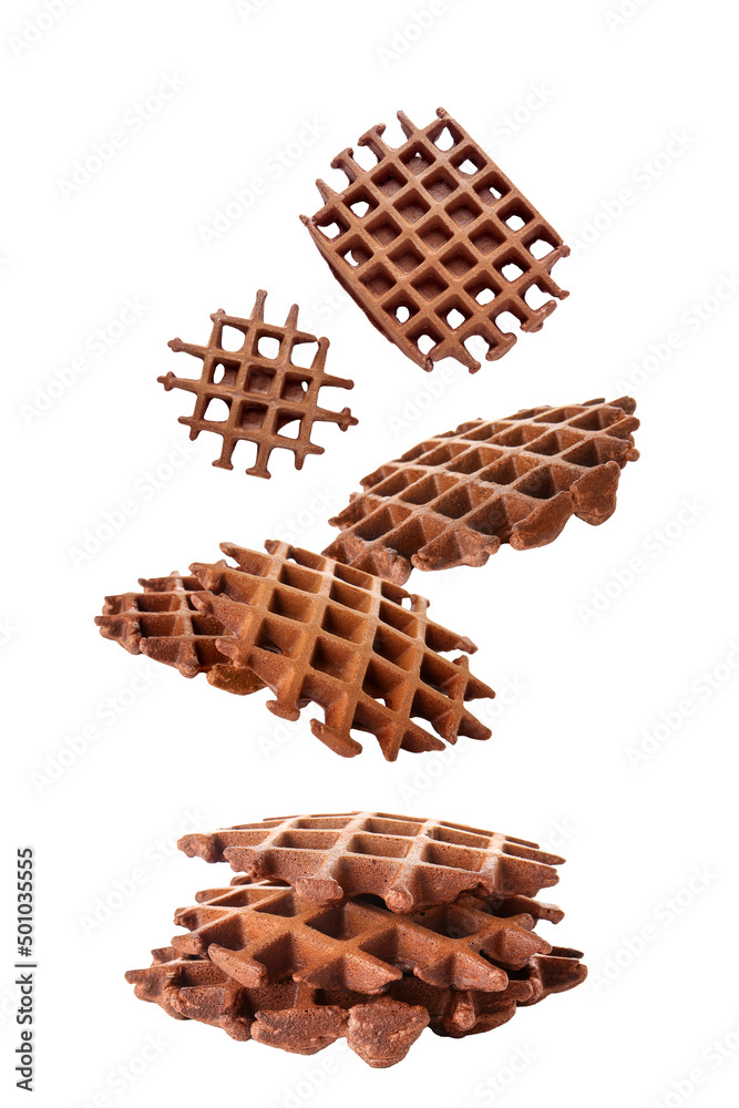 Flying chocolate waffles on white background