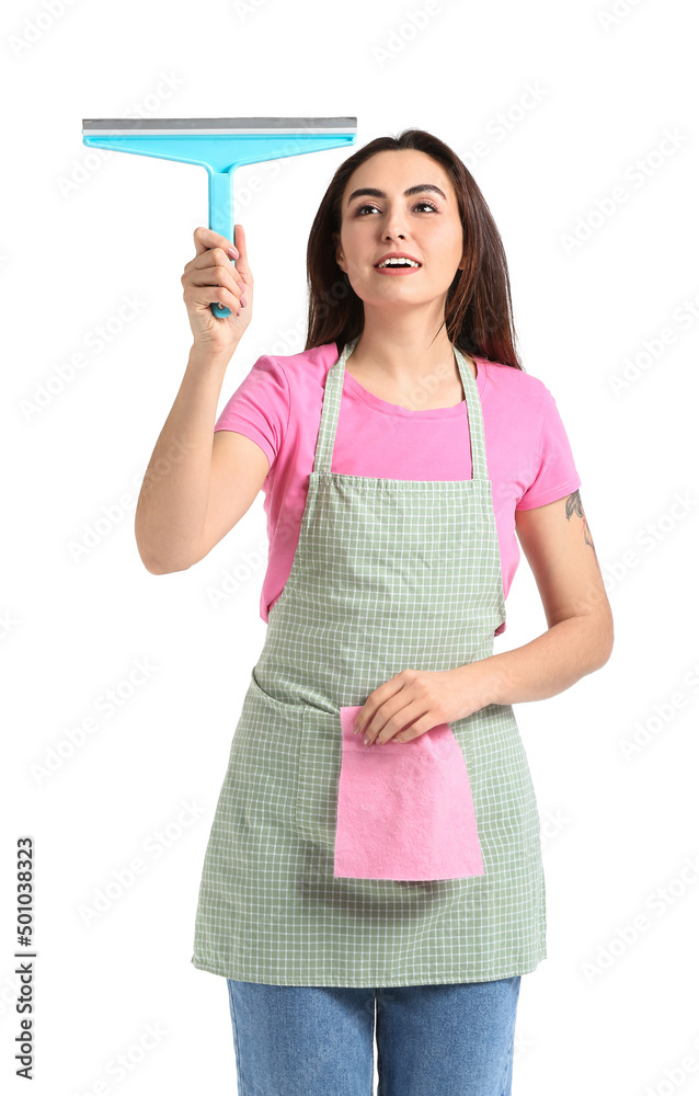 Young woman with squeegee and rag isolated on white