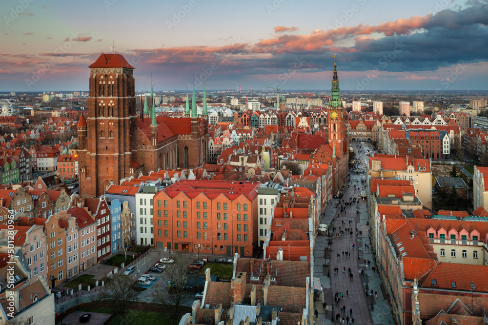 Aerial view of the beautiful Gdansk city at sunset, Poland