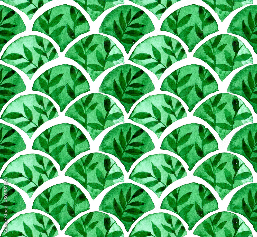 watercolor seamless pattern. green scales with abstract tropical leaves.