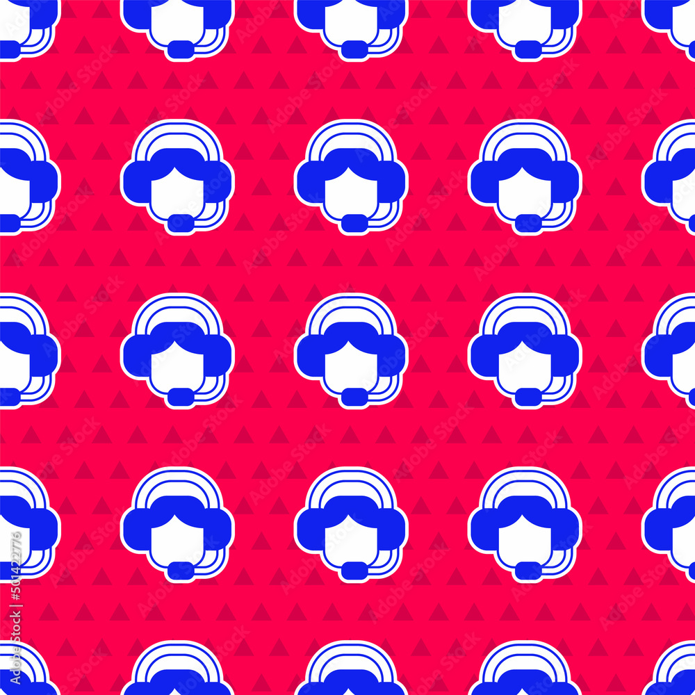 Blue Woman with a headset icon isolated seamless pattern on red background. Support operator in touc