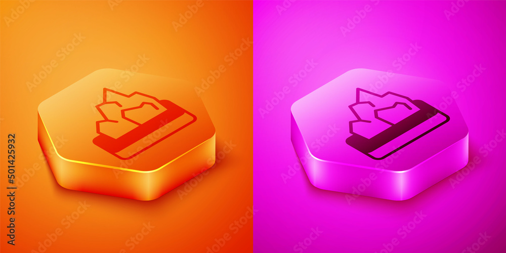 Isometric Ore mining icon isolated on orange and pink background. Hexagon button. Vector