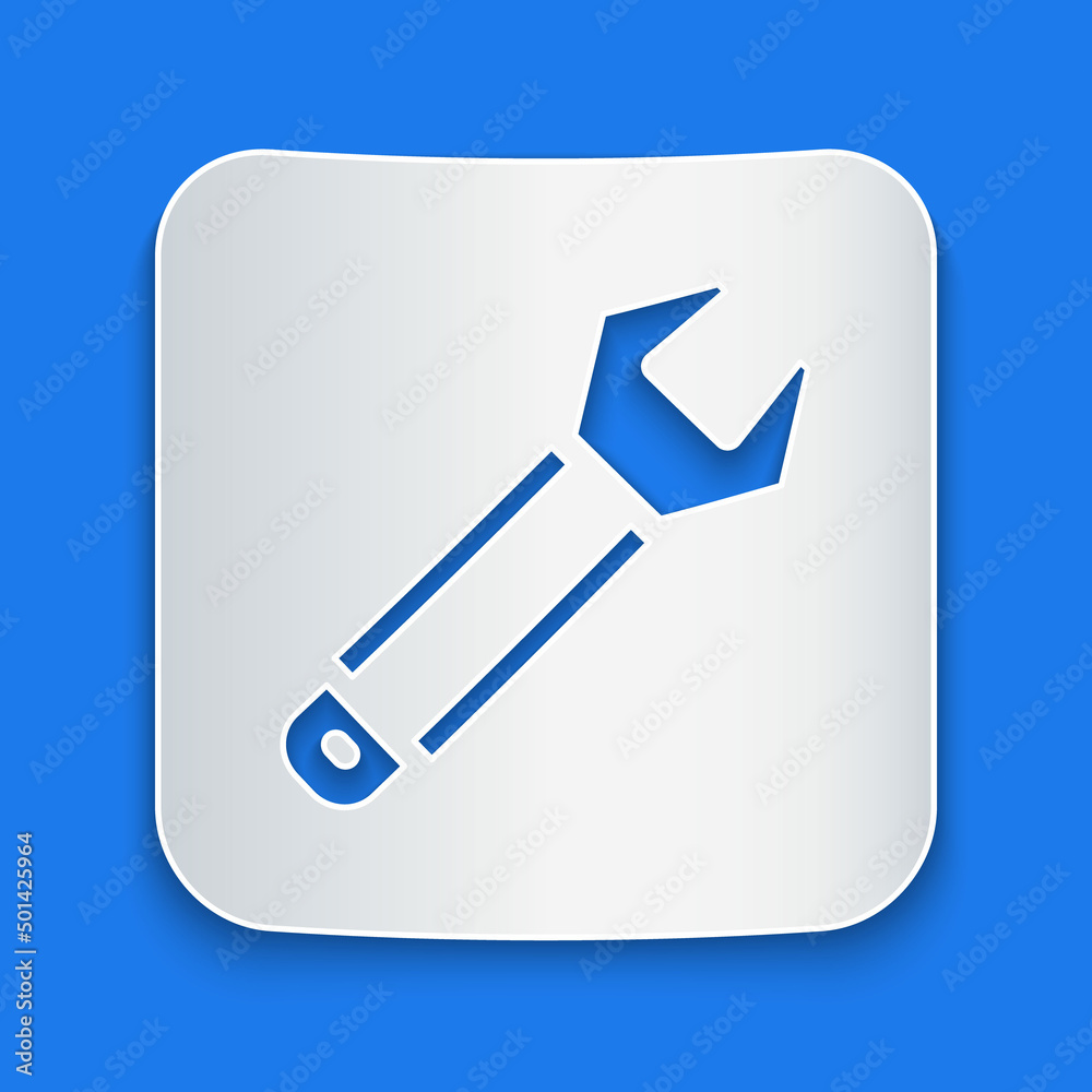 Paper cut Wrench spanner icon isolated on blue background. Spanner repair tool. Service tool symbol.