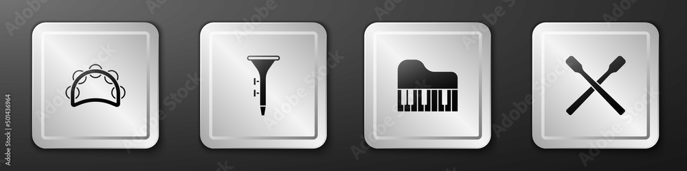 Set Tambourine, Drum and drum sticks, Grand piano and icon. Silver square button. Vector